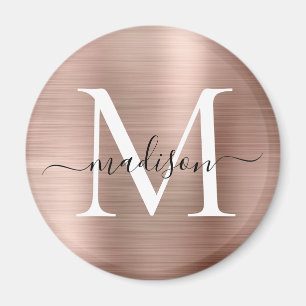 Modern Rose Gold Brushed Metal Monogram Script Magnet