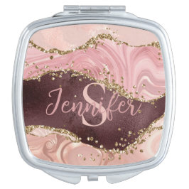 Modern Rose Gold Glitter Sparkle Agate Monogram Taschenspiegel