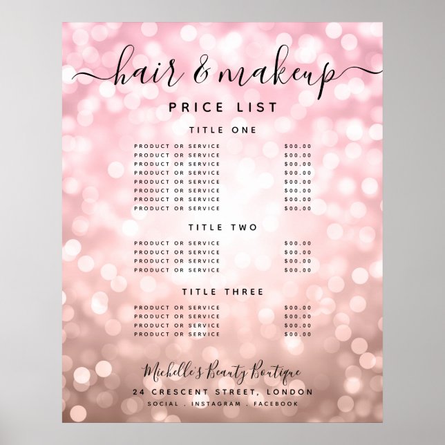 Modern Rose Gold Glitzer Lights Salon Preismenü Poster (Vorne)