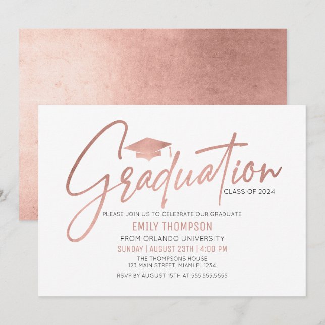 Modern Rose Gold  Graduation Invitation (Devant / Derrière)