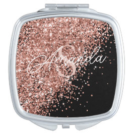 Modern Rose Sparkle Glitter Black Monogram Taschenspiegel