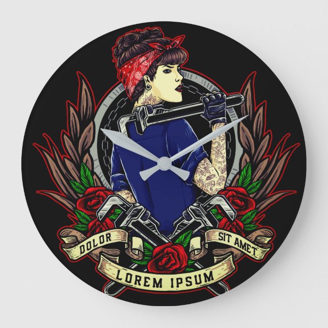 Modern Rosie Tattoo’s Women’s Große Wanduhr (Vorderseite)