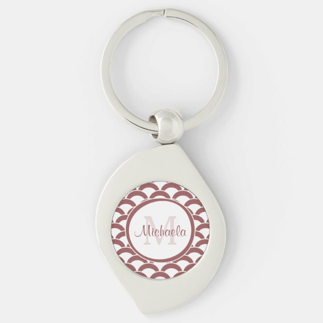 Modern Rosy Brown White Scallops Monogramm und Nam Schlüsselanhänger (Vorderseite)
