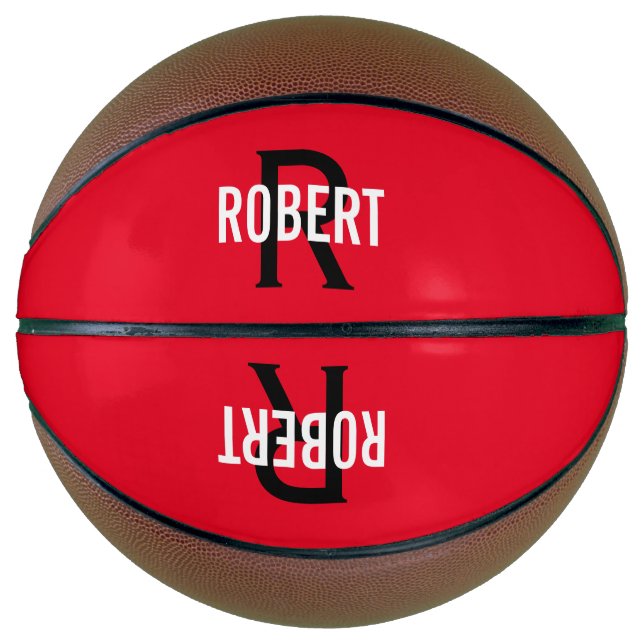 Modern roter schwarzer Monogramm-Name Basketball (Vorderseite)