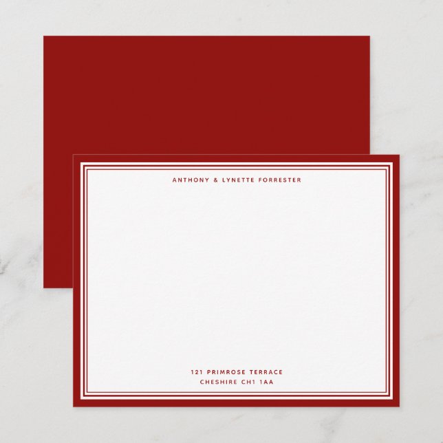 Modern Ruby Red Name & Address Note Card Mitteilungskarte (Vorne/Hinten)
