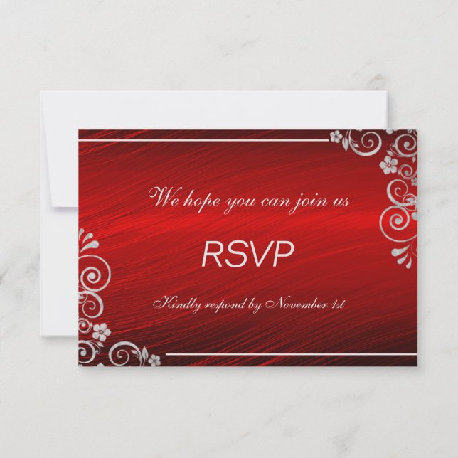 Modern Ruby Red Silver Grey Floral Wedding RSVP Karte (Vorderseite)