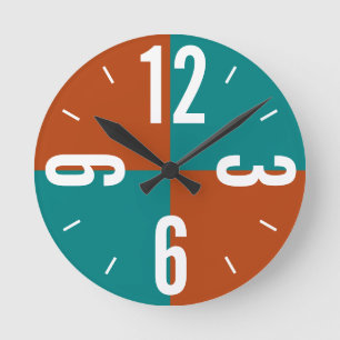 Modern rust and teal color blocks large numbers runde wanduhr