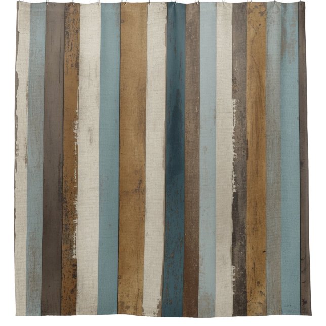 Modern Rustic Blue Brown Cream Farmhouse Stripe Duschvorhang (Vorderseite)