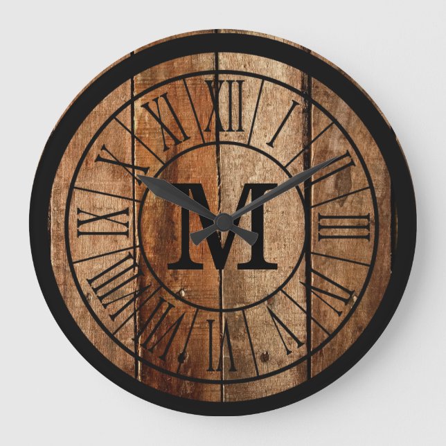Modern Rustic Farmhouse Family Monogram Barnwood Große Wanduhr (Vorderseite)