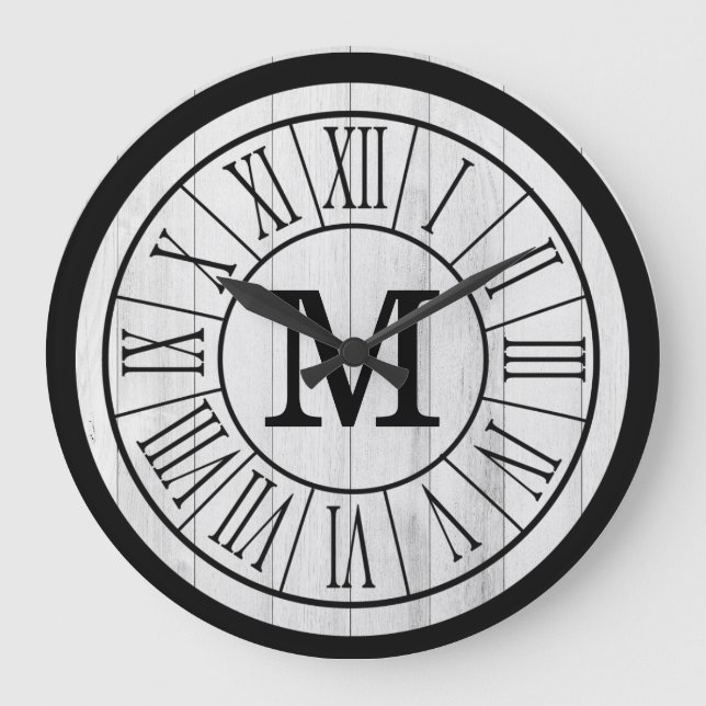 Modern Rustic Farmhouse Family Monogram Wood Große Wanduhr (Vorderseite)