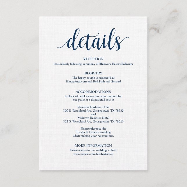 Modern Rustic Navy Mariage Détails Carte de boîtie (Devant)