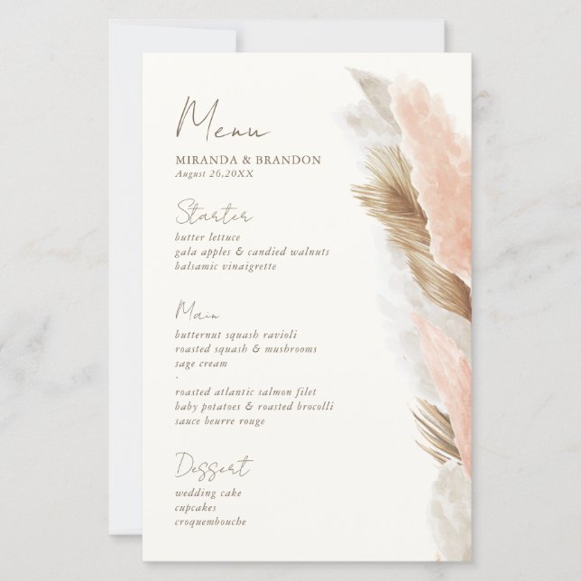 Modern Rustic Pampas Grass Wedding Menu Card (Vorderseite)