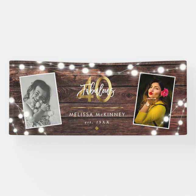 Modern Rustic String Lights Gold Fab 40. Geburtsta Banner (Horizontal)