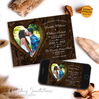 Modern Rustic Tree Heart Photo Wedding Einladung