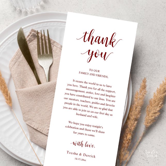 Modern Rustic Wedding Dinner Thank You Card Programm (Modern Rustic Wedding Dinner Thank You Card Reception Lunch Brunch Reception in Burgundy Wine Red)