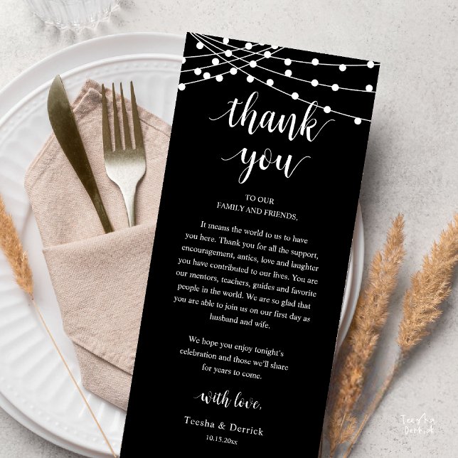 Modern Rustic Wedding Dinner Thank You Card Programm (Modern Rustic Wedding Dinner Thank You Card Reception Reception String Lights Black White)
