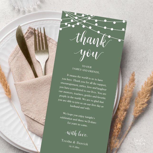 Modern Rustic Wedding Dinner Thank You Card Programm (Modern Rustic Wedding Dinner Thank You Card Reception Reception String Lights Sage Green)