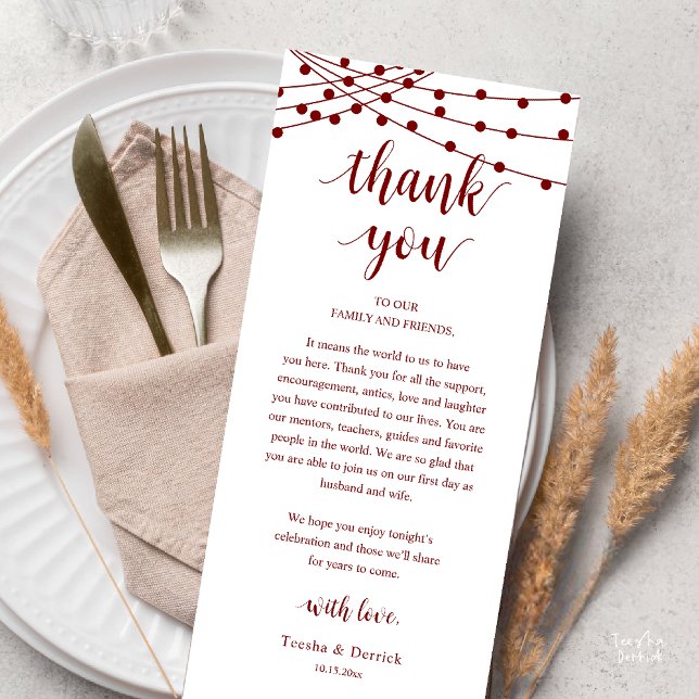 Modern Rustic Wedding Dinner Thank You Card Programm (Modern Rustic Wedding Dinner Thank You Card Reception Reception String Lights Burgundy Wine Red)