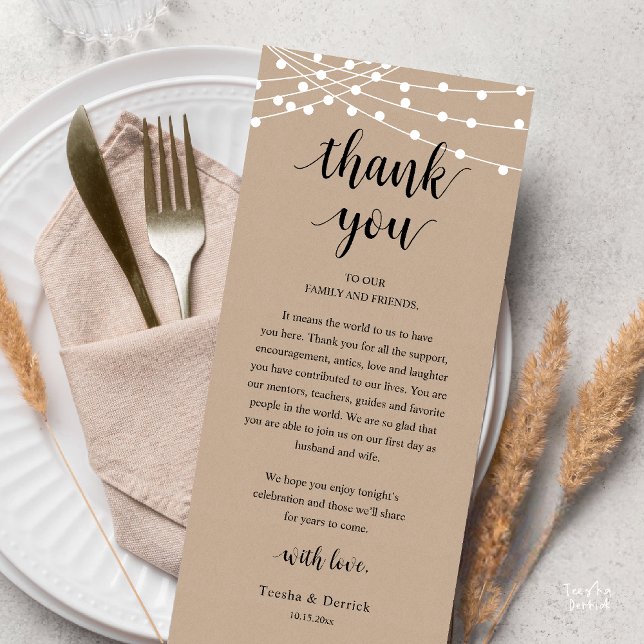 Modern Rustic Wedding Dinner Thank You Card Programm (Modern Rustic Wedding Dinner Thank You Card Reception Reception String Lights Brown Kraft)