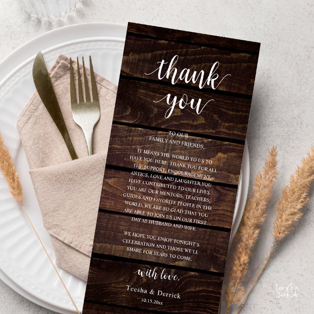 Modern Rustic Wedding Reception Thank You Card Programm (Modern Rustic Wedding Dinner Thank You Card Reception Lunch Brunch Reception in Cottage Dark Wood)
