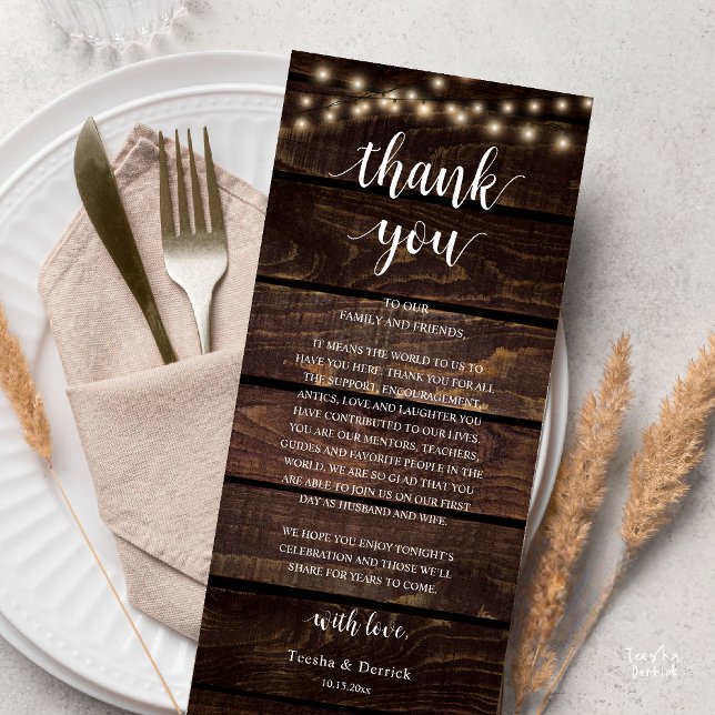 Modern Rustic Wedding Reception Thank You Card Programm (Modern Rustic Wedding Dinner Thank You Card Reception Reception String Lights Dark Brown Wood)