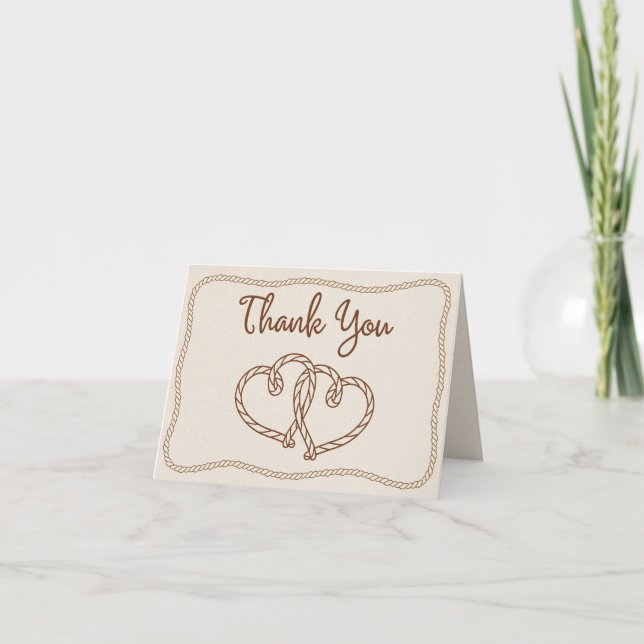 Modern Rustic Western Rope Hearts Ranch Wedding Dankeskarte (Vorderseite)