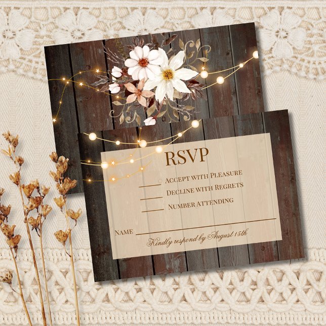Modern Rustic Wood Floral Lights RSVP Card (Von Creator hochgeladen)