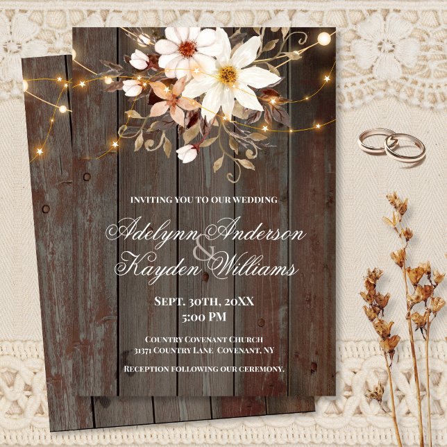 Modern Rustic Wood Floral Lights Wedding  Einladung (Von Creator hochgeladen)