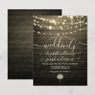 Modern Rustic Wood & White Lights String wedding Einladung