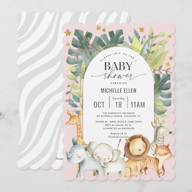 Modern Safari Thema Aquarell Rosa Baby Girl Einladung (Vorne/Hinten)