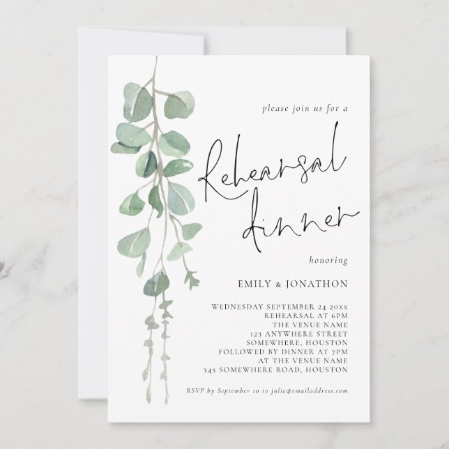 Modern Sage Eucalyptus Script Rehearsal Dinner Einladung (Vorderseite)