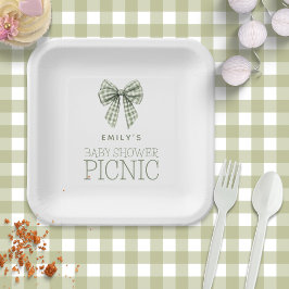 Modern Sage Gingham Bow Name Baby Shower Picnic Pappteller