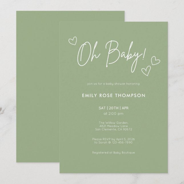 Modern Sage Green Baby Shower Minimal Script Einladung (Vorne/Hinten)