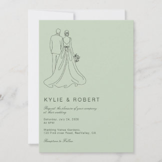 Modern Sage Green Bride & Groom Sketch Wedding Einladung