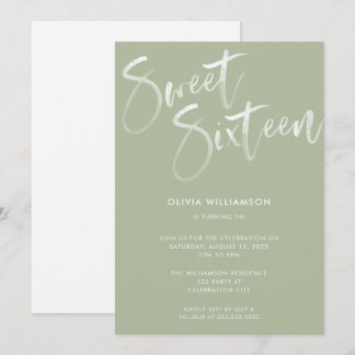Modern Sage Green Brush Script Sweet 16 Geburtstag Einladung