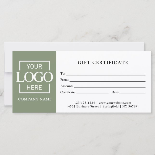 Modern Sage Green Business Logo Gift Certificate (Vorderseite)
