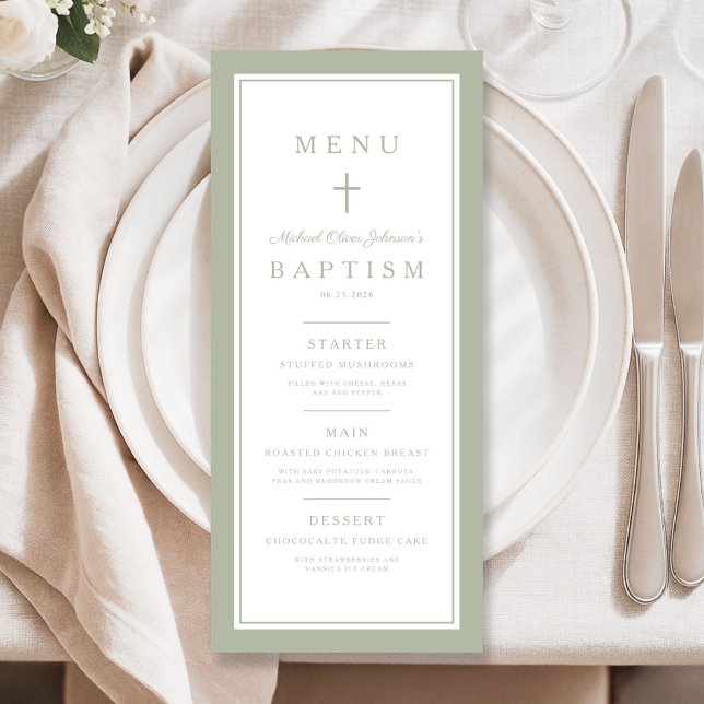 Modern Sage Green Cross Boy Baptism Menükarte (Modern Sage Green Cross Boy Baptism Menu)