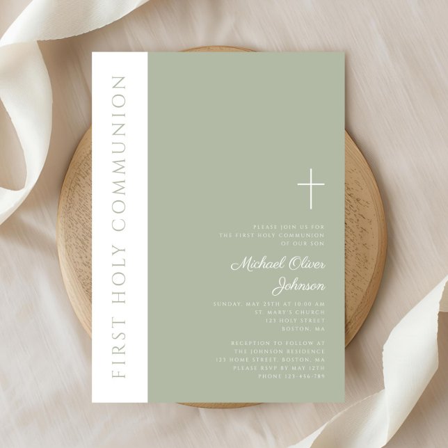 Modern Sage Green Cross Erste Heilige Kommune Einladung (Modern Sage Green Cross First Holy Communion Invitation)