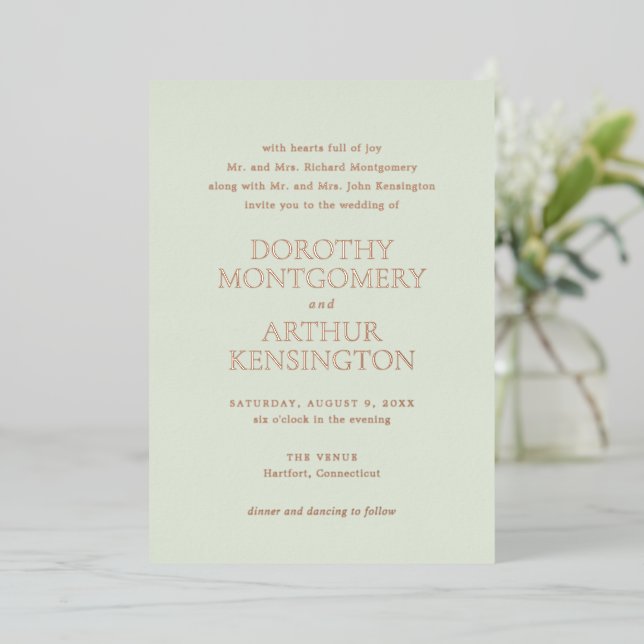 Modern Sage Green Elegante Hochzeit Folieneinladung (Stehend vorne)