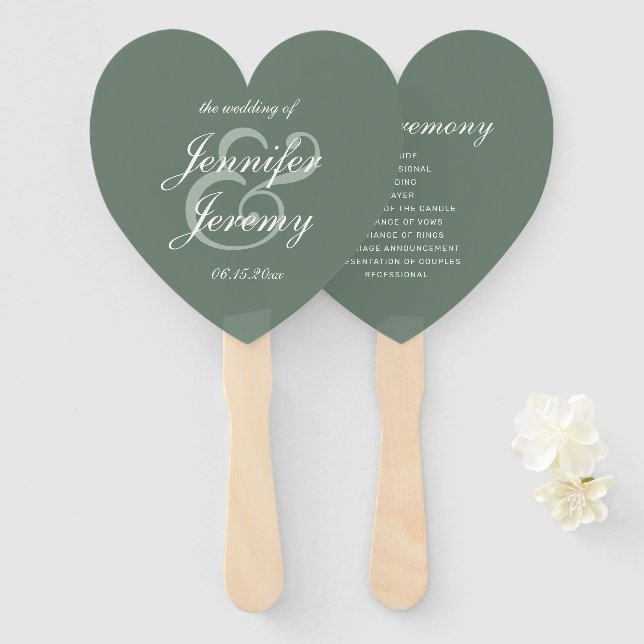 Modern Sage Green Elegante White Script Hochzeit Fächer (Vorne und Hinten)