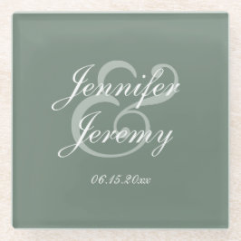Modern Sage Green Elegante White Script Hochzeit Glasuntersetzer
