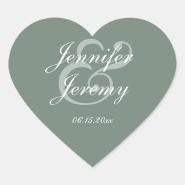 Modern Sage Green Elegante White Script Hochzeit Herz-Aufkleber