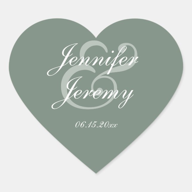 Modern Sage Green Elegante White Script Hochzeit Herz-Aufkleber (Vorderseite)