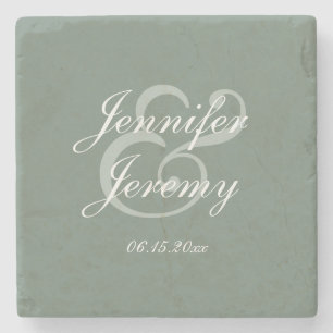 Modern Sage Green Elegante White Script Hochzeit Steinuntersetzer