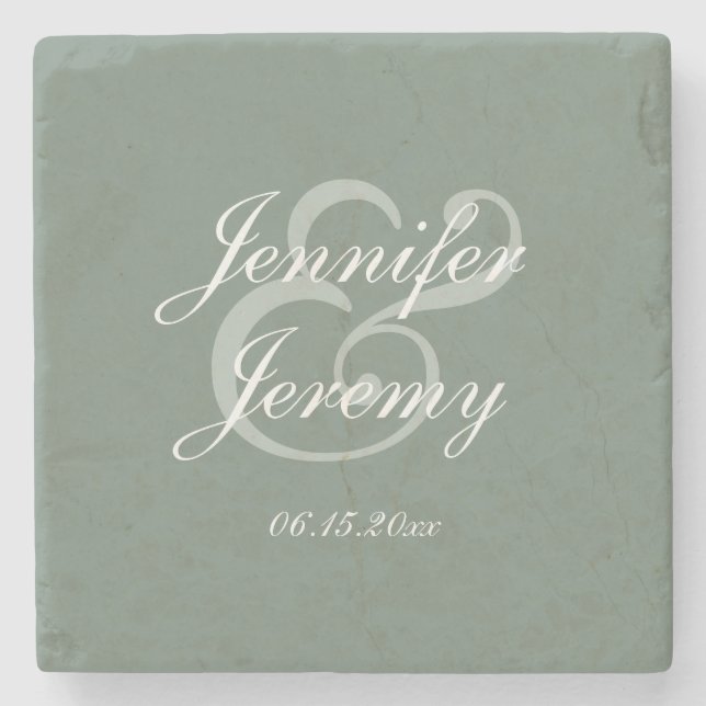 Modern Sage Green Elegante White Script Hochzeit Steinuntersetzer (Vorderseite)