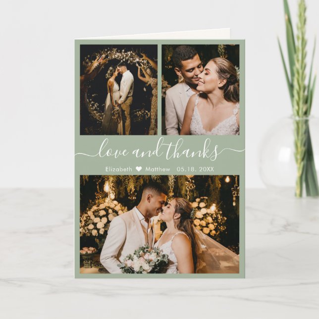 Modern Sage Green Foto Collage Hochzeit Vielen Dan Dankeskarte (Vorderseite)
