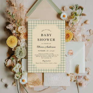 Modern Sage Green Gingham Baby Dusche Einladung