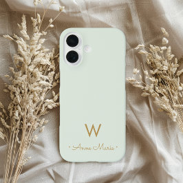 Modern Sage Green Gold Script Monogram iPhone 16 Hülle