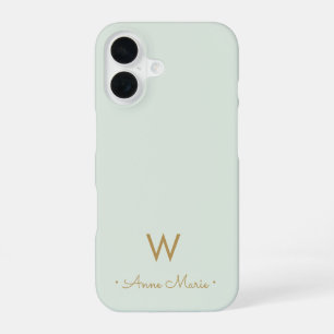 Modern Sage Green Gold Script Monogram iPhone 16 Hülle