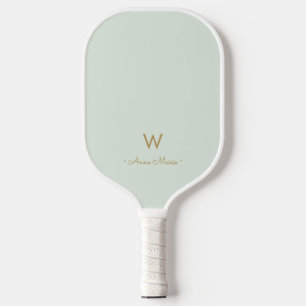 Modern Sage Green Gold Script Monogram Pickleball Schläger